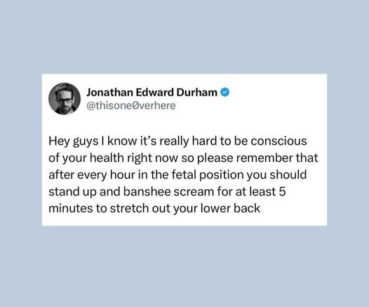 @thisoneOverhere on x
Hey guys know it's really hard to be conscious of your health right now so please remember that after every hour in the fetal position you should stand up and banshee scream for at least 5 minutes to stretch out your lower back