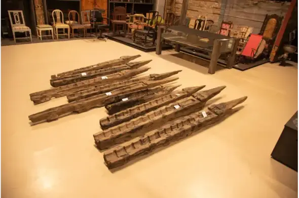 Oak beds of artillery pieces recovered from the wreck of Gribshunden, curated at Blekinge Museum. 