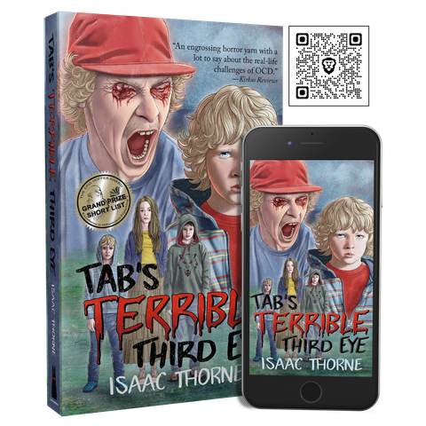 Paperback copy of TAB'S TERRIBLE THIRD EYE with an ebook copy of the same book on an iPhone propped against it. A QR code leading to https://www.isaacthorne.com/product/tabs-terrible-third-eye is in the upper right corner.