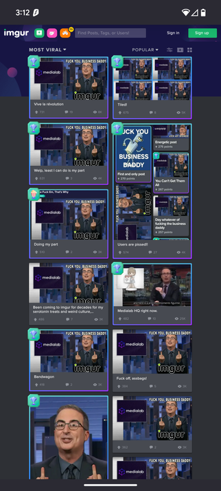 Screenshot of the imgur front page. All posts are insulting medialab, the owner of imtur