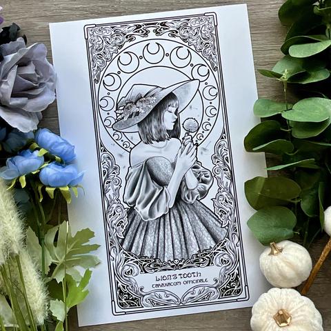 a photograph of a print. the print is inspired by tarot cards and has an art nouveau-style with intricate fronds and vines framing the subject matter: a woman holding a single dandelion flower.