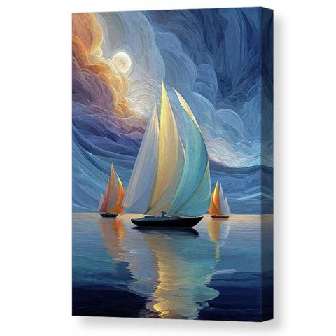 This vibrant digital painting captures sailboats gliding through a mesmerizing sunset. The sails, aglow in shades of orange and blue, reflect on tranquil waters as the sky swirls with rich color and movement. Created with advanced digital tools for depth and luminosity, this artwork invites a sense of peace and adventure. A perfect addition to nautical-themed décor Sailboats glide across a tranquil body of water, their colorful sails illuminated by a luminous sky filled with swirling clouds. The reflections in the water enhance the vivid interplay of blues, oranges, and yellows, creating a serene and dynamic seascape. Digital painting of two sailboats with glowing orange and blue sails on calm water under a vibrant sunset sky with swirling patterns. Reflective seascape art.