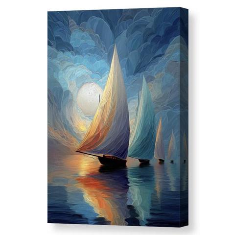 This vibrant digital painting captures sailboats gliding through a mesmerizing sunset. The sails, aglow in shades of orange and blue, reflect on tranquil waters as the sky swirls with rich color and movement. Created with advanced digital tools for depth and luminosity, this artwork invites a sense of peace and adventure. A perfect addition to nautical-themed décor Sailboats glide across a tranquil body of water, their colorful sails illuminated by a luminous sky filled with swirling clouds. The reflections in the water enhance the vivid interplay of blues, oranges, and yellows, creating a serene and dynamic seascape. Digital painting of two sailboats with glowing orange and blue sails on calm water under a vibrant sunset sky with swirling patterns. Reflective seascape art.