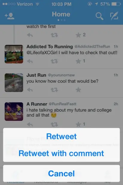 Screenshot of a Twitter home feed on a smartphone showing tweets with a pop-up menu at the bottom offering options to retweet, retweet with comment, or cancel.