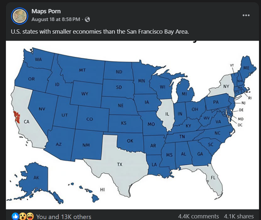 Map of USA with most states colored in. Only the four biggest states outpace the S.F. Bay Area economically.