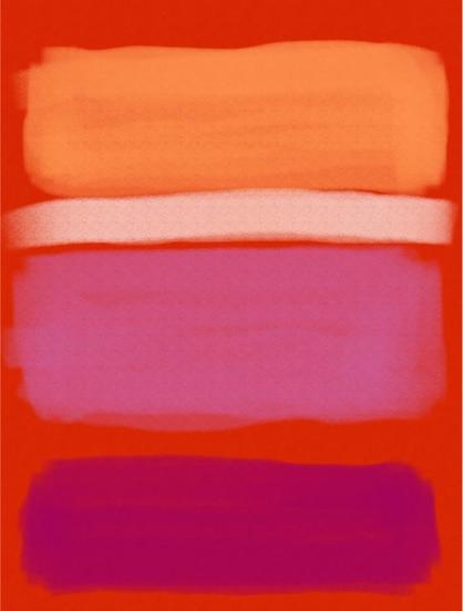 Ilustración de campos de color con el fondo rojo, un rectángulo naranja pastel ocupando el cuatro superior de la imagen, una línea gruesa blanca, un rectángulo rosa ocupando el tercio central y un rectángulo fucsia en la parte inferior de la imagen.