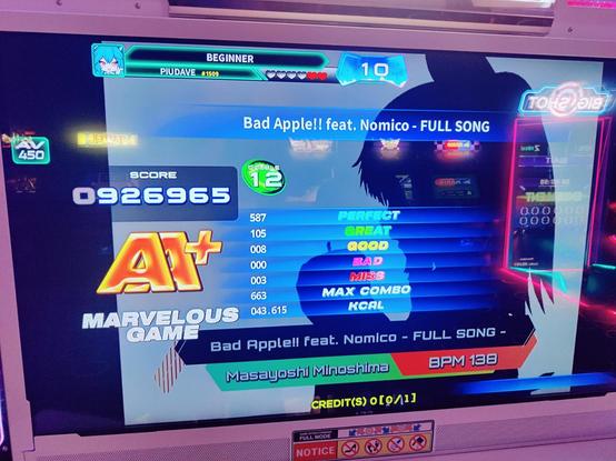 Pump it Up Score
Song: Bad Apple!! Feat. Nomico
Double 12 (Full Song)
Score: 926965 AA+