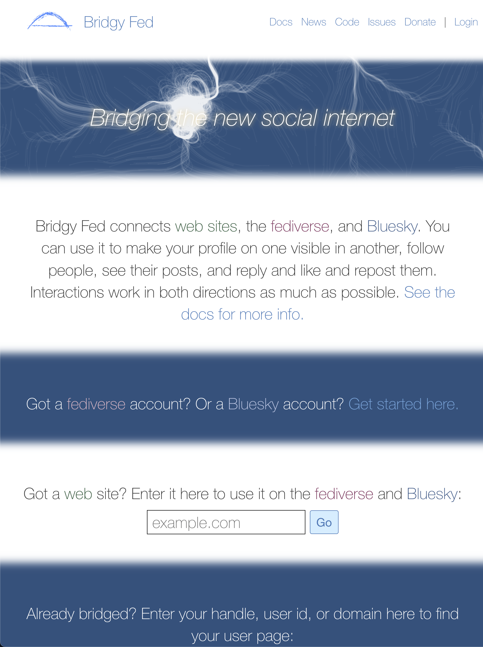 This is a screenshot of the Bridgy Fed website with a blue and white color scheme. The design features a tacky blue bridge logo, cheesy electrical/lightning effect graphics in the hero section, and an overall dated aesthetic that looks like a mid-2000s tech startup. The typography is bland, the blue gradient backgrounds feel heavy and oppressive, and the lightning bolt graphics are particularly cringeworthy. The layout has awkward spacing and the form elements look basic and uninspired, giving the whole site an amateurish, low-budget appearance.
