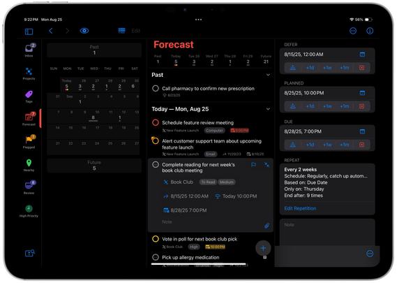 OmniFocus 4.7 running on an iPad, showing the Forecast perspective with tasks scheduled based on their planned dates, and summary dots in the date tiles calling attention to the number of items that are actually due.