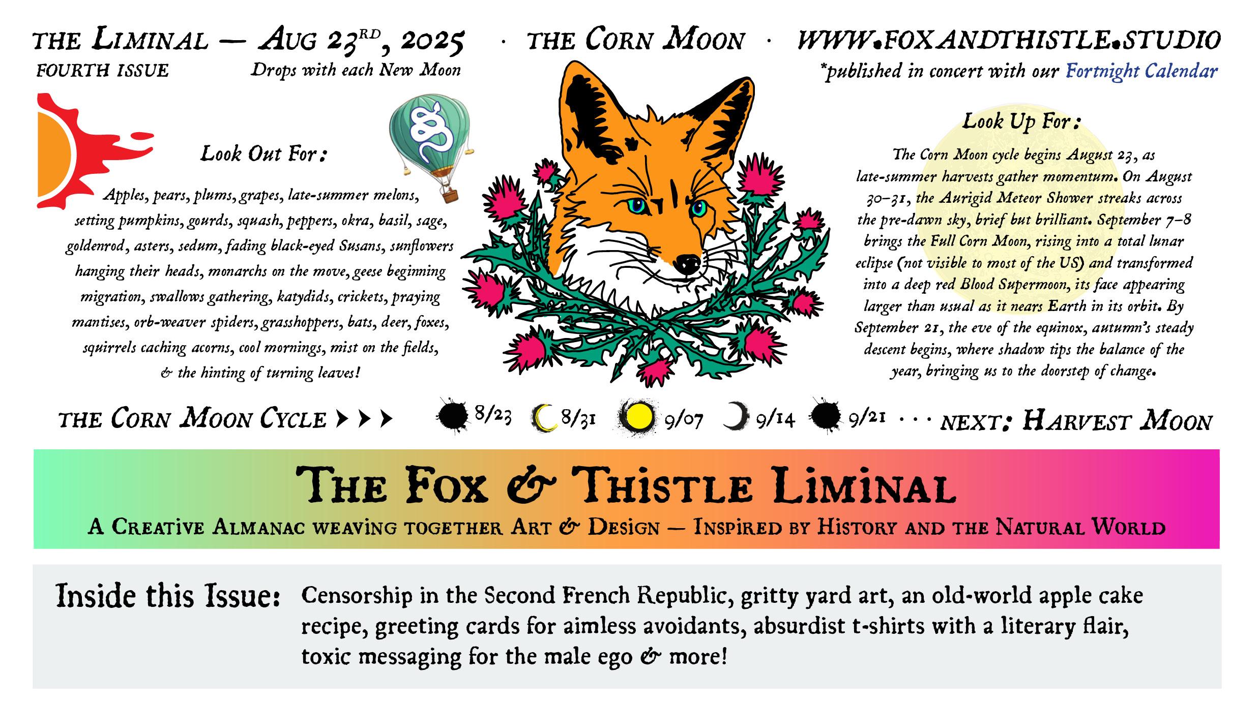Cover of 'The Liminal' magazine, Fourth Issue, dated August 23, 2025, themed 'The Corn Moon,' by Fox and Thistle Studio. Features a fox with thistles, a hot air balloon, and a red-streaked sun. Highlights seasonal items like apples and grapes, Corn Moon dates (8/23-9/21), and the upcoming Harvest Moon.