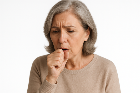 Frau um die 60 jahre mit Husten: RSV ist oft harmlos, kann aber bei Babys, Älteren und Immungeschwächten gefährlich werden. Symptome erkennen, vorbeugen und rechtzeitig handeln.