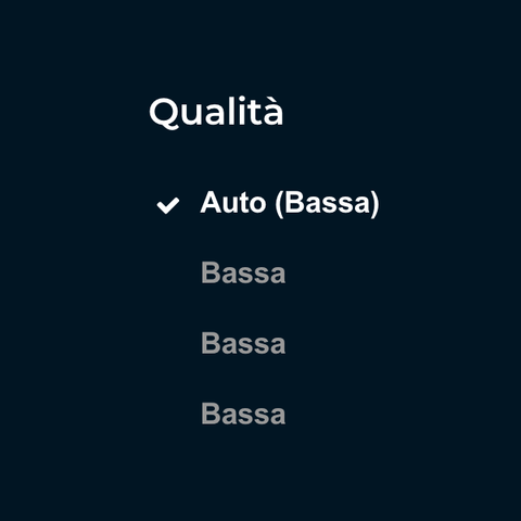 Pannello di selezione della qualità dello streaming su RaiPlay. Le opzioni sono Bassa, Bassa, Bassa e Auto (Bassa).