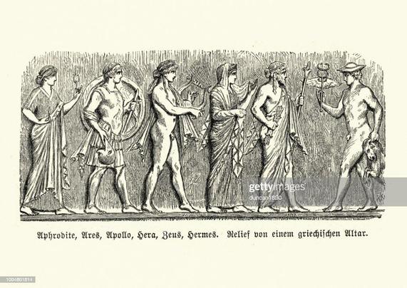 Drawing of a relief on a Greek altar. It shows Aphrodite holding a rose, Ares in full armour holding a round aspis shield in his left and his helmet in his right, Apollon in the nude holding his lyre, Hera holding up her veil, and Zeus holding his thunderbolt all moving in a row from left to right. Hermes approaches them from the right, holding his kerykeion staff in his right and a ram by the horns in his left. He's nude except for his hat.