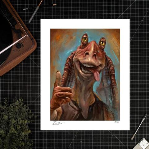 Représentation de l'illustration de Jar-Jar Binks faite par Robert Bruno. Elle se trouve sur une table cadrillée sombre, avec dans le coin supérieur gauche ce qui ressemble à un tourne-disque et dans le coin inférieur droit un iPhone.
Il y a aussi une plante à gauche.