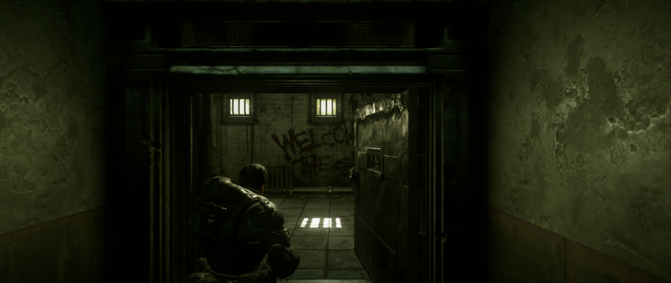 A 21:9 screenshot of the first gameplay scene of Gears of War: Reloaded.