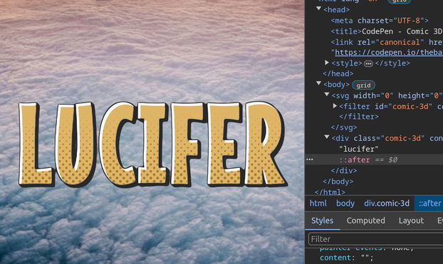 All caps text with halftone effect fill, inner shadow and 3D effect. DevTools panel open on the right to highlight the fact that this is `contenteditable` and there is no text duplication whatsoever, not in the markup and not in any pseudo-element's `content`.