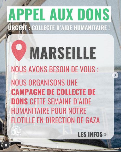 URGENT Campagne de collecte de dons CETTE SEMAINE d'aide humanitaire pour notre flotille en direction de Gaza