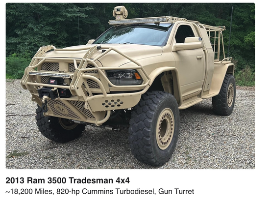 2013 Ram 3500 Tradesman 4x4 ~18,200 Miles, 820-hp Cummins Turbodiesel, Gun Turret. Military-style vehicle for road-legal driving in America.