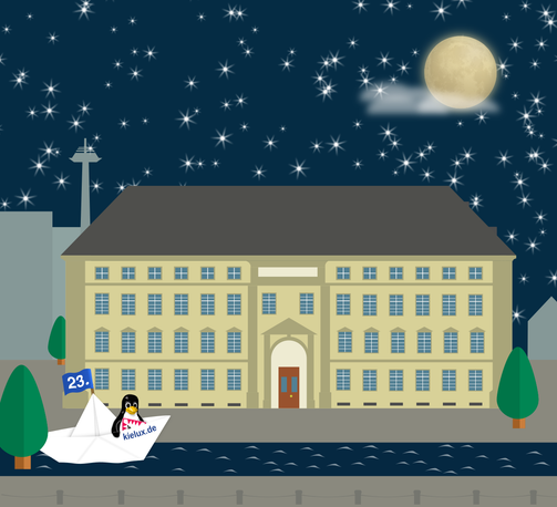 Tux fährt im Boot zu einem großen Gebäude, das ein Museum symbolisiert. Es ist Nacht, der Mond scheint.