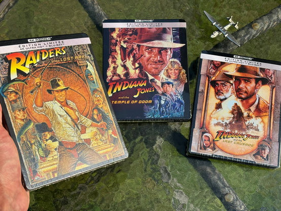 Steelbook editions of the films Raiders of the Lost Ark, Indiana Jones and the Temple of Doom and Indiana Jones and the Last Crusade.