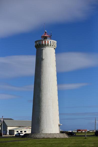 The new Garðskagi lighthouse, the tallest in Iceland, was built in 1944. Its imposing structure is seen against beautiful skies
