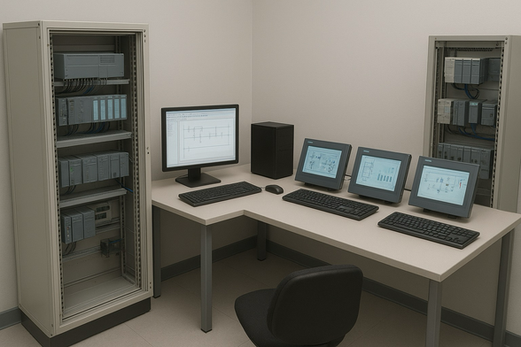 AI generated of example work bench with HMIs and PLC in rack for programming
