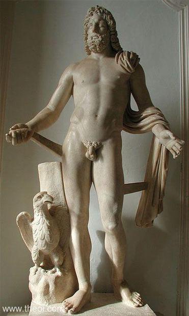 Roman marble copy of a Greek statue of Zeus (Roman Jupiter). The god stands holding a royal sceptre (missing) and cup, with an eagle by his side. He is depicted as a mature man with a full beard.