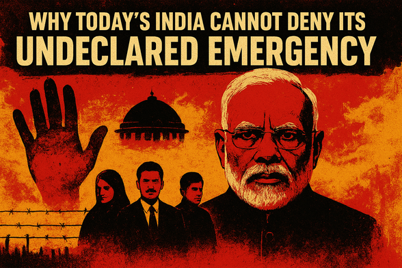 This article examines the concept of an “undeclared emergency” in contemporary India under Narendra Modi’s regime, situating it against the backdrop of declared Emergency (1975–77). While declared Emergency was openly authoritarian and time-bound, today’s context is marked by a much more diffuse and insidious erosion of democratic institutions, legal safeguards, and civil liberties—achieved without formal proclamation. The article highlights continuities and ruptures across political, economic, and social dimensions: from the manipulation of electoral processes, enabling economic bankruptcies to enrich a select few, the subversion of the judiciary to the deployment of majoritarian nationalism and the criminalization of dissent. Unlike the past, the current phase relies on bureaucratic coercion, surveillance, and ideological consolidation to create a climate of permanent insecurity. The article argues that this “undeclared emergency” represents not merely a suspension of democracy but its reconstitution into a new authoritarian normal, where legality, legitimacy, and violence intertwine to foreclose dissent while maintaining the simulated facade of popular consent.