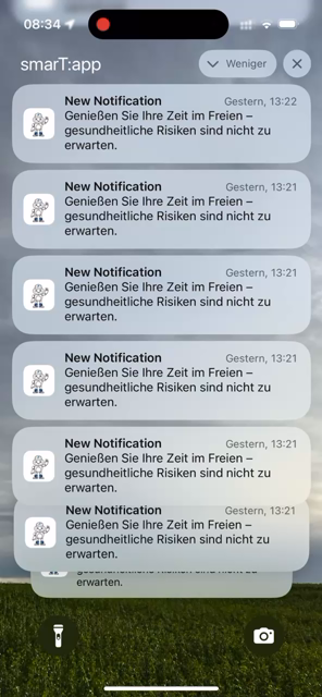 Screencast: Ich scrolle durch sehr, sehr viele Benachrichtigungen mit immer dem gleichen Text „Genießen Sie Ihre Zeit im Freien - gesundheitliche Risiken sind nicht zu erwarten.“