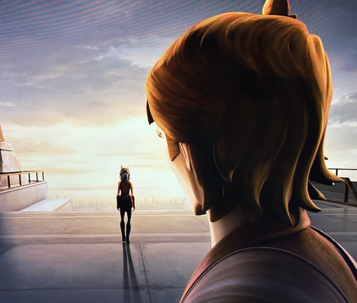 Photo of the final scene of the last episode of season five:Anakin Skywalker watching Ashoka Tano walk away from the Jedi Temple for the last time 