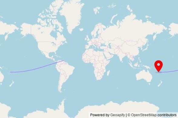 A map showing the great circle route from Tableland in Trinidad and Tobago to a map pin at Cathédrale du Sacré-Cœur, Bouganville Street, Port Vila, Vanuatu