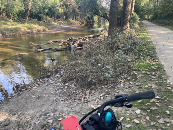 The Menomonee River along the Oak Leaf Trail near Hampton Avenue, with some bike handlebars in the foreground. 