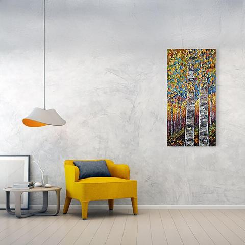 Impasto painting of golden autumn aspen trees with thick palette knife texture in a peaceful forest landscape.