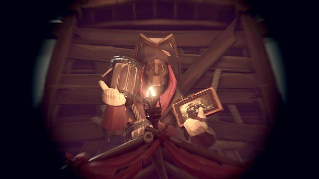 A cloaked figure holds a lantern and a barrel, with a framed picture in the other hand. The background features wooden beams, giving a rustic atmosphere.