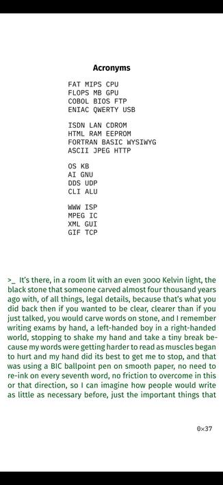 Acronyms

FAT MIPS CPU
FLOPS MB GPU
COBOL BIOS FTP
ENIAC QWERTY USB
ISDN LAN CDROM
HTML RAM EEPROM
FORTRAN BASIC WYSIWYG
ASCII JPEG HTTP
OS KB
AI GNU
DDS UDP
CLI ALU
WWW ISP
MPEG IC
XML GUI
GIF TCP