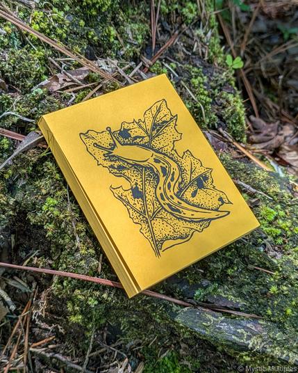 Yellow notepad with illustration of a banana slug on a leaf 
