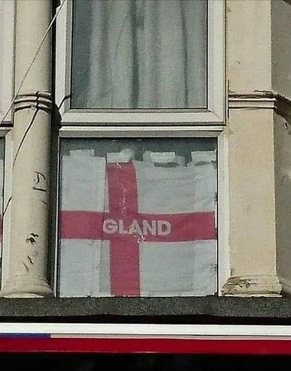 Red cross in White background with text reading "gland"