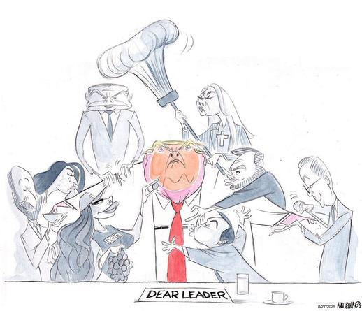 Dear Leader
(cabinet meeting
A three hour marathon of flattery and groveling.)

Surrounded by minions who pampered and preened Prez Trump.

Art/cartoon. By ANN TELNAES
AUG 27 2025
