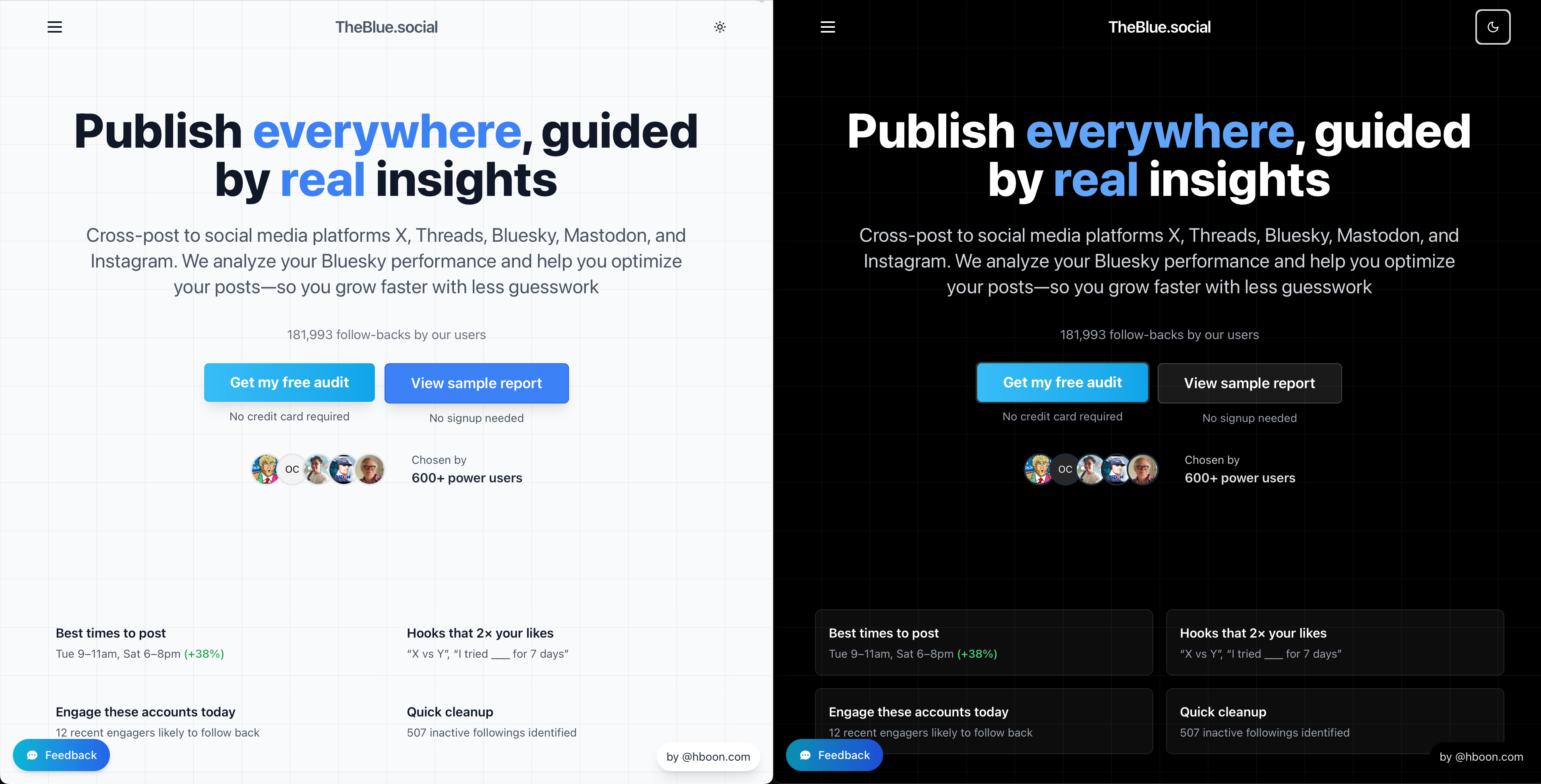 TheBlue.social, a platform for cross-posting to social media. It features a bold headline about publishing with insights, two call-to-action buttons for a free audit and a sample report, and sections on optimal posting times and engagement strategies. The design contrasts light and dark themes.