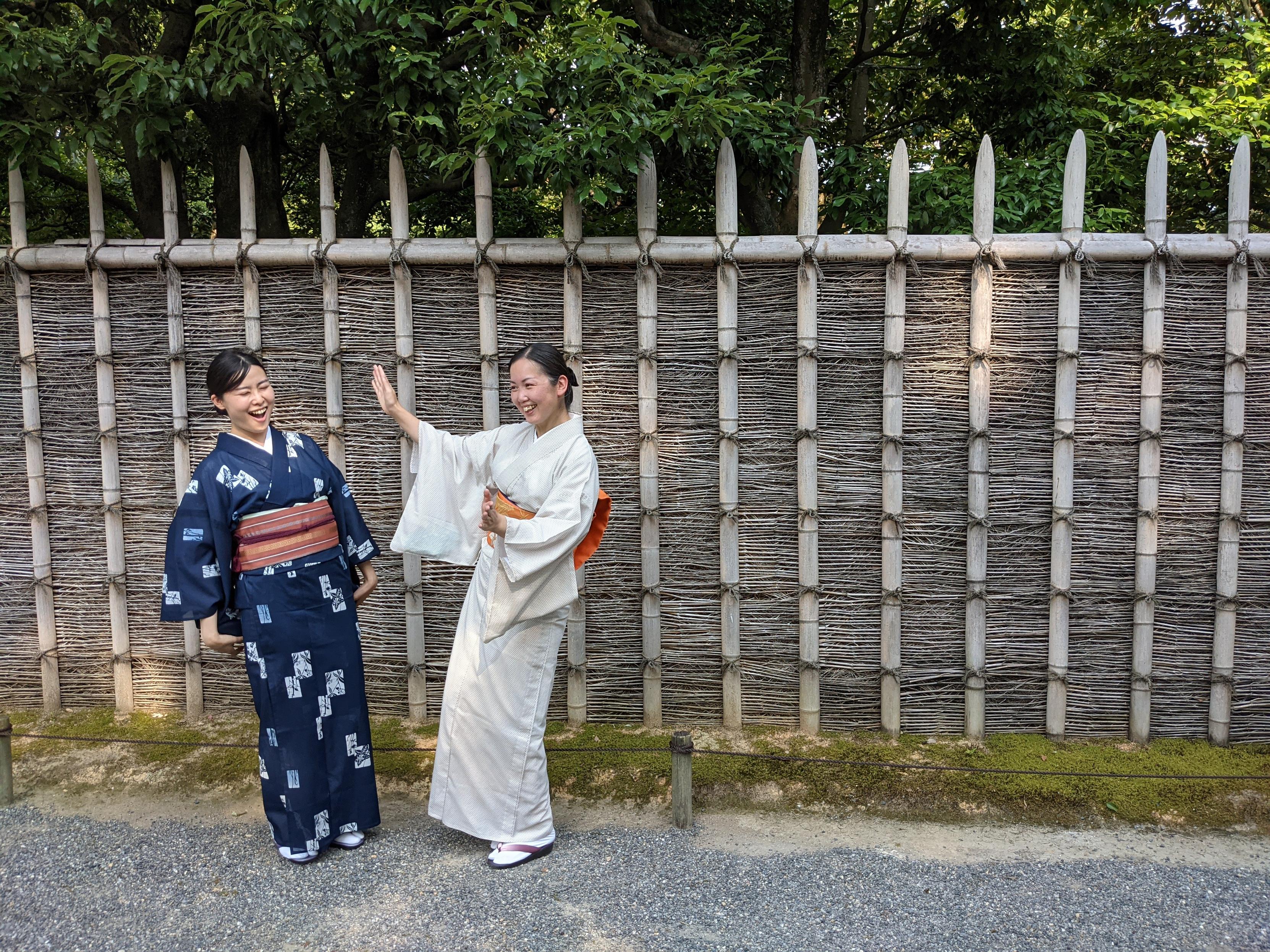Nao-san and Atsuko-san having fun in kimono outside Katsura Rikyu.