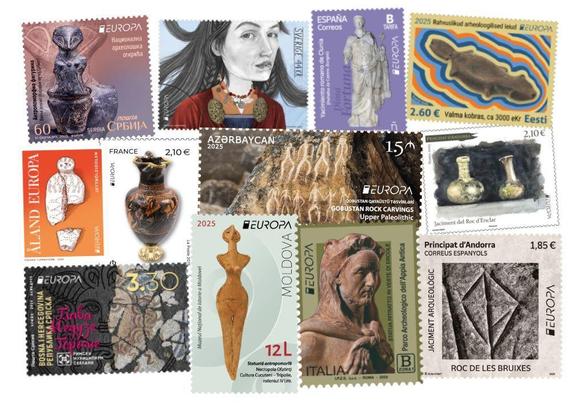 Collage of 2025 EUROPA stamps from different countries, all featuring archaeological discoveries such as ancient figurines, rock carvings, pottery, and artifacts.
