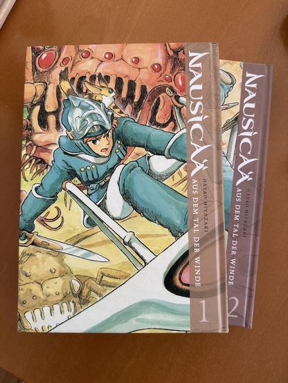 Two volumes of the manga "Nausicaä of the Valley of the Wind" by Hayao Miyazaki, featuring an illustrated cover with the main character in a blue outfit wielding a sword, set against a background of fantastical creatures and