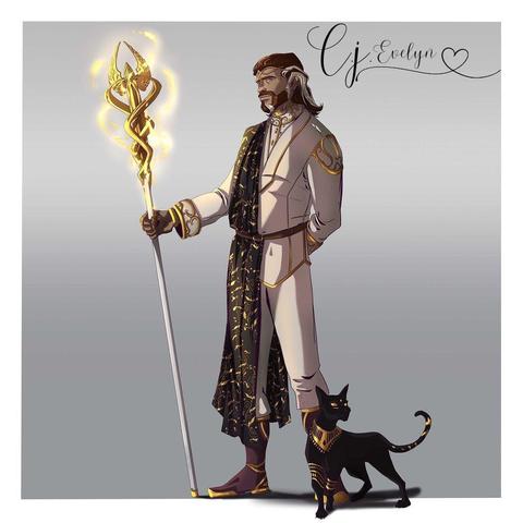 A regal fantasy character with pointed ears and a trimmed beard, dressed in an elegant white suit with intricate gold accents and a flowing black-gold patterned scarf. He holds a tall magical staff with swirling golden energy at the top, while a sleek black cat with golden ornaments stands beside him. The character poses confidently with one hand in his pocket, exuding a mystical and noble aura against a simple gradient background.
