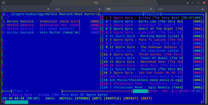 The image shows a computer screen displaying a music player interface with a dark blue background. On the left side, there is a directory path indicating the location of audio files, specifically "Herbie Hancock - Head Hunters" in OGG format. The right side features a playlist with multiple tracks by "Spyro Gyra" and "Thelonious Monk," all in OGG format. The playlist is color-coded, with track numbers in white and track titles in pink. The current track is "Ariana (The Very Best of Spyro Gyra)" by Spyro Gyra, with playback controls visible at the bottom, including shuffle, repeat, and next buttons. The interface also shows the file count as 4 and the current track's duration as 00:39 out of 04:28, with a bitrate of 387kbps and a sample rate of 44kHz.

Provided by @altbot, generated privately and locally using Ovis2-8B

🌱 Energy used: 0.192 Wh