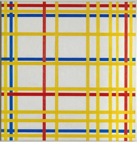 Piet Mondrian, "New York City", 1942
Huile sur toile, 119,3 x 114,2 cm
Domaine public. 
Photo : Centre Pompidou, Mnam-Cci/Philippe Migeat/Dist. Rmn-Gp

... en exil à New York. En découvrant cette ville, et en particulier son image nocturne ponctuée par la lumière des enseignes et des phares de voiture qui soulignent son plan orthogonal, Mondrian rencontre un paysage qui donne raison à sa peinture.