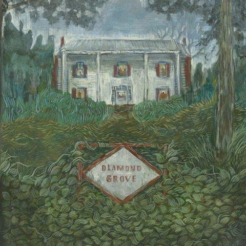 The cover for Weirs' Diamond Grove album, showing a white house surrounded by lush greenery. Foreground sign reads "Diamond Grove." Overcast sky creates a serene, slightly mysterious mood.
