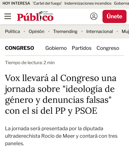 Titular de una noticia del diario Público que dice: “Vox llevará al Congreso una jornada sobre "ideología de género y denuncias falsas" con el sí del PP y PSOE”