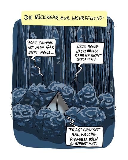 Ein getarntes Zelt im Wald bei Nacht. Aus dem Zelt scheint das bläuliche Licht eines Displays. Stimmen ertönen: „Boah, Camping ist ja so GAR nicht meins ...", „Ohne meine Nackenrolle kann ich nicht schlafen!", „Frag' ChatGPT mal, welche Pizzeria noch geöffnet hat."