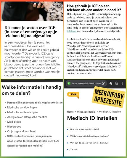 Printscreens van de sites margriet.nl (tips) en ehbj.nl over het delen van medische gegevens voor noodgeval via je smartphone 