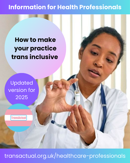 Text Reads: Information for Health Professionals. How to make your practice trans inclusive Updated version for 2025. transactual.org.uk/healthcare-professionals 

Image is a person wearing a white coat and stethoscope holding a vial of liquid